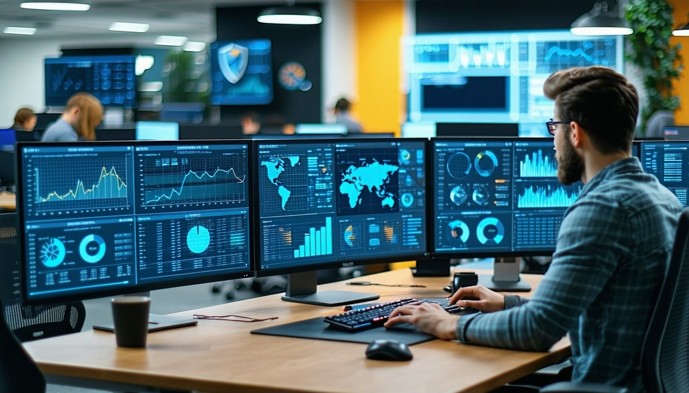 IT team analyzing threat dashboards firewall data protection in office setting-3
