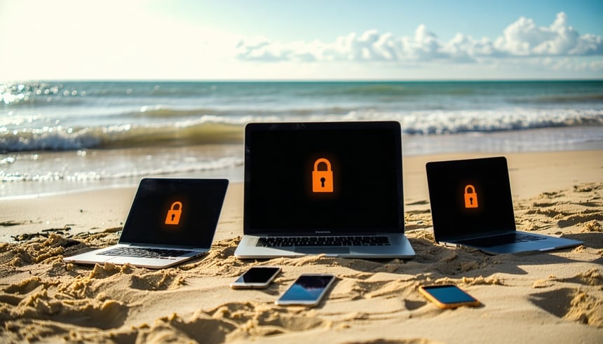 laptops and mobile devices on beach turned off screens just have orange locks on them-1