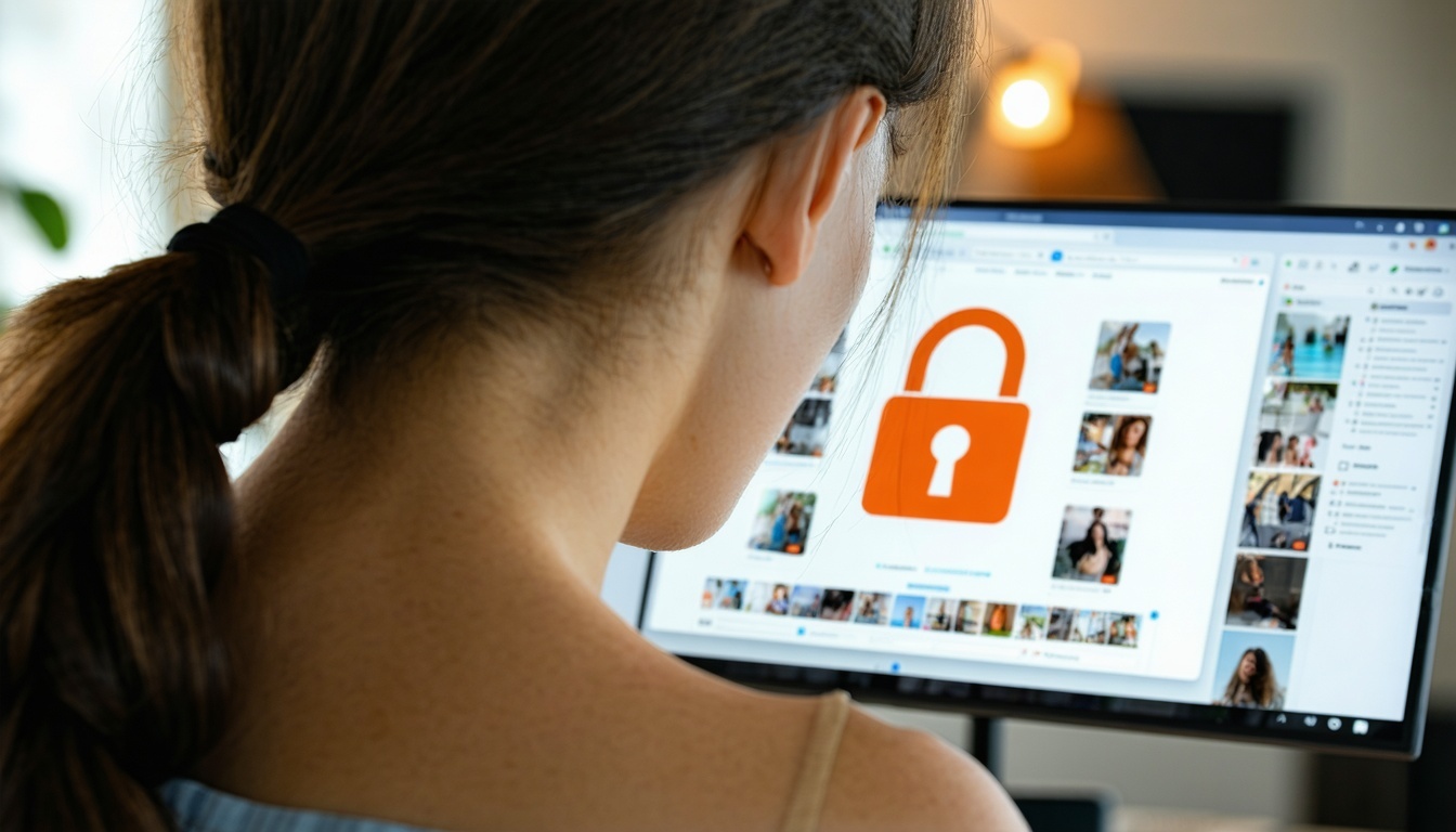 woman about to post to social media but looking over shoulder her screen has an orange lock on it